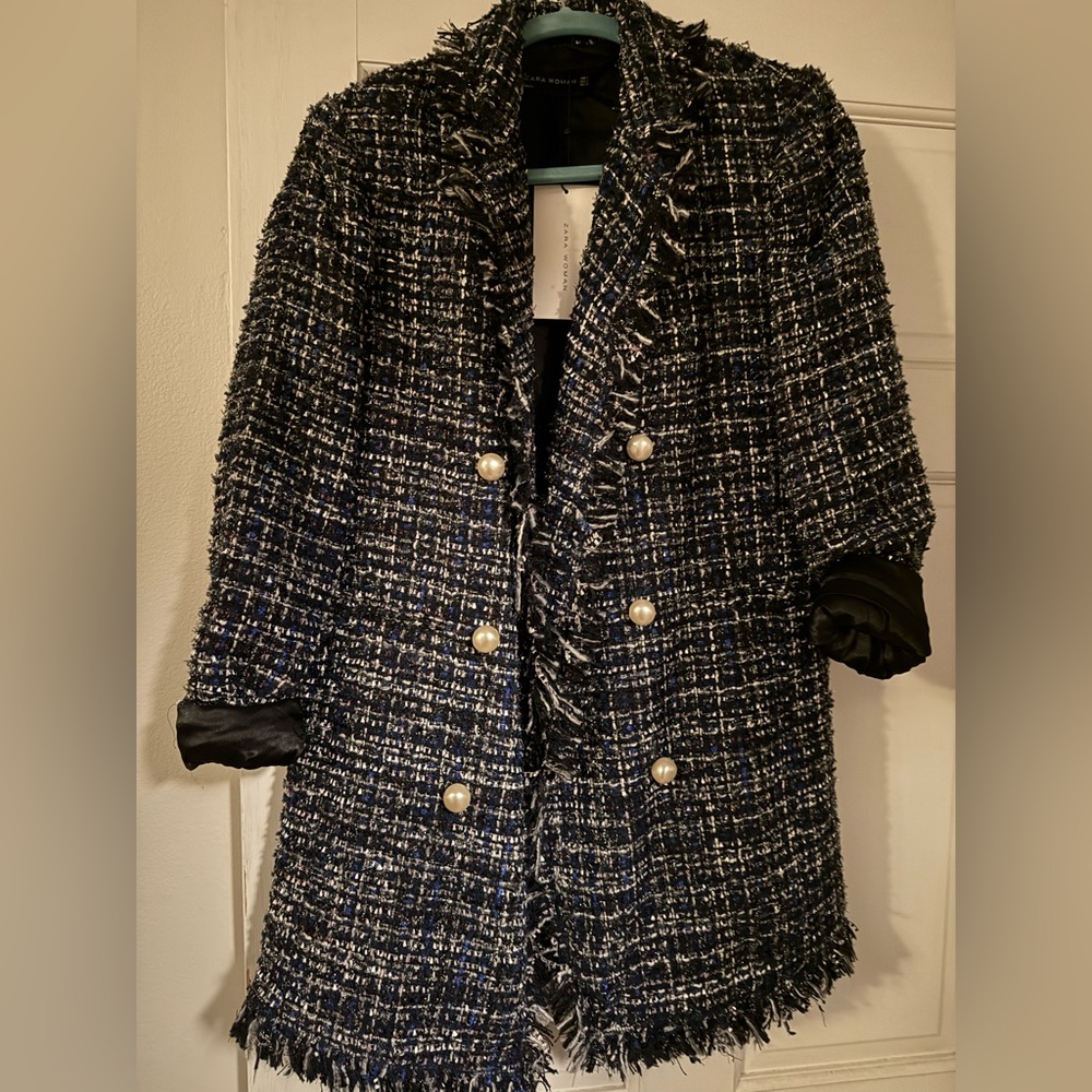Zara Tweed Blazer NWT Size Small Black Blue White Jacket Pearls TNT